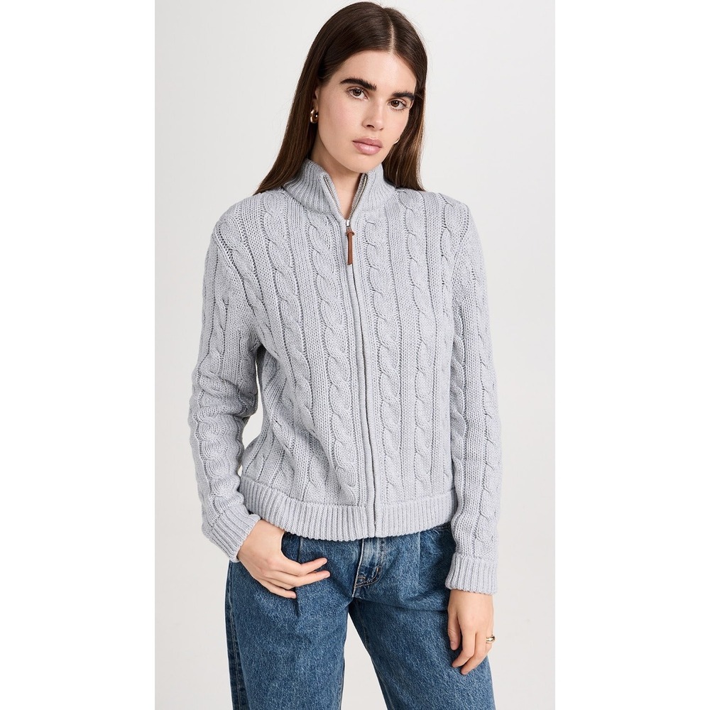 Wyeth Cable Knit Zip Cardigan Sweater Cotton Fisherman Gray Minimalist Mock Neck